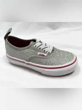 New VANS Kid’s Glitter Silver Classic Slip-on Sneakers 10.5 Faux Tie Laces